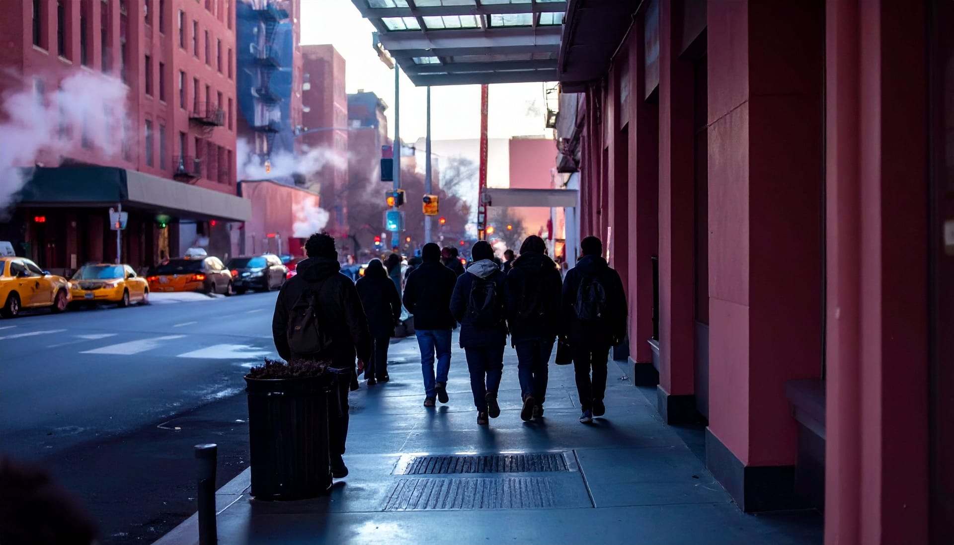 High-school students in winter coats walking a Manhattan sidewalk toward a theatre entrance, seen from behind.